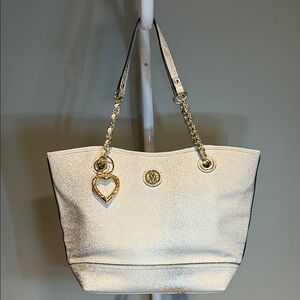 Anne Klein Cream Tote with Gold Accents very Shimmery With Heart Key Charm